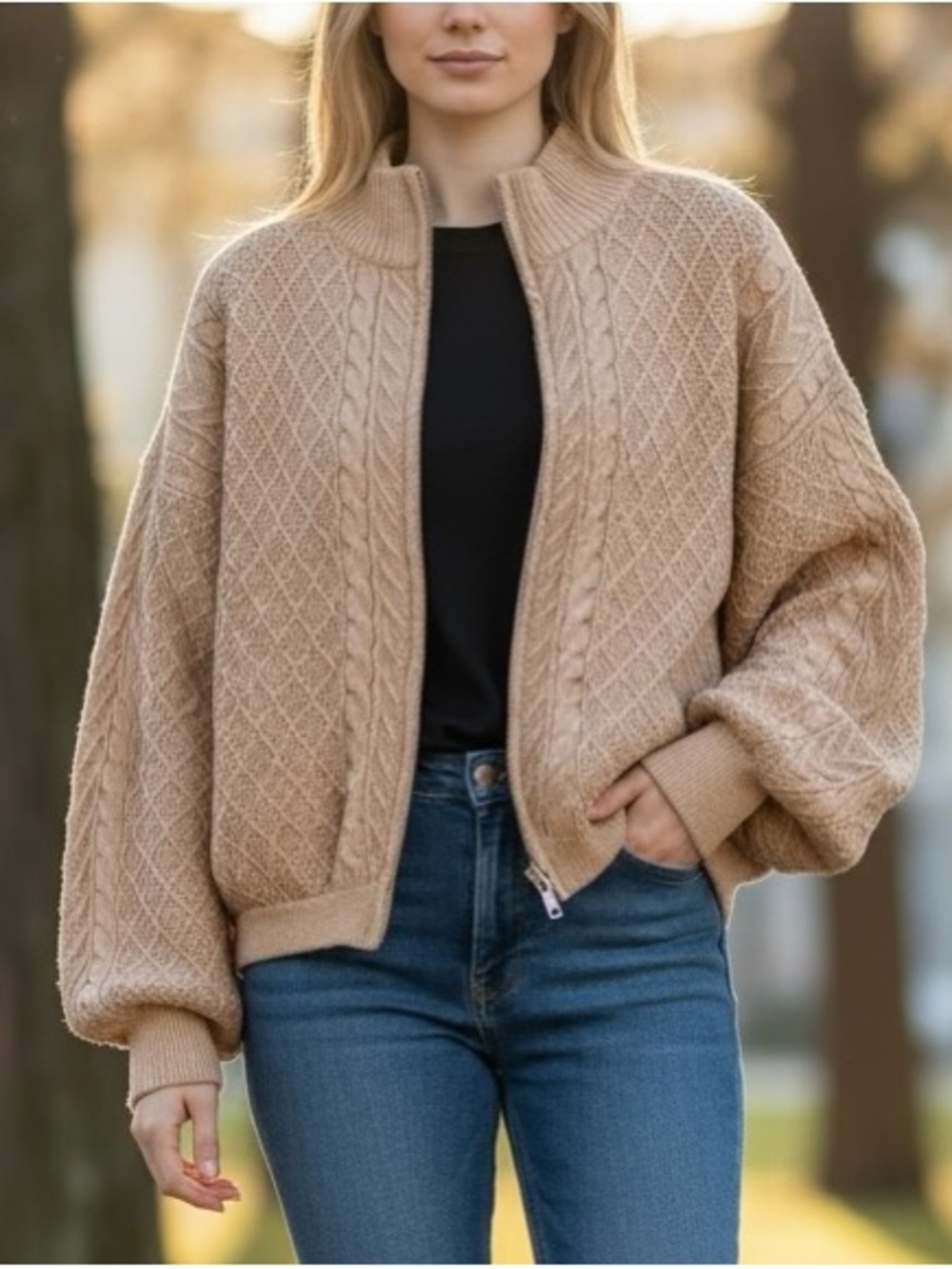 Fashion Nova XL Cable Knit Zip Up Cropped Sweater Cream Balloon Sleeve